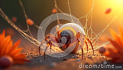 Spiderling emerges from egg surrounded by intricate fall webs. Autumnal colours, minimalist design create fragile, radiant macro Cartoon Illustration