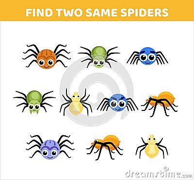 Spiders. Find two same pictures of spiders. Game for children. Flat, cartoon, vector Vector Illustration