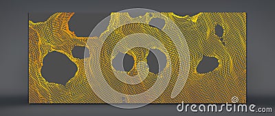 This spiderweb has been broken. Abstract grid background with hole. Array with dynamic particles. Texture. 3D grid surface. Vector Illustration