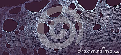 This spiderweb has been broken. Abstract grid background with hole. Array with dynamic particles. Texture. 3D grid surface. Cartoon Illustration