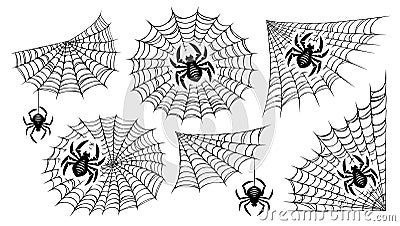 Spiderweb, spider set. Black mesh patterns with halloween party ornament. Vector illustration Vector Illustration