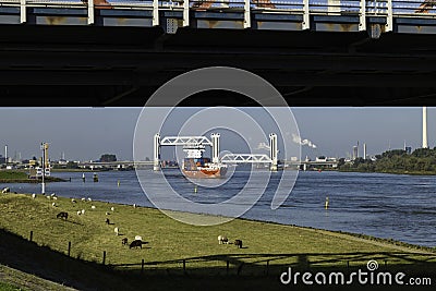 container ship crossing the the new botlek bridge near rotterdam Editorial Stock Photo