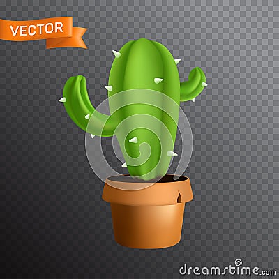 Spiked green cactus in a brown ceramic pot with a crack. Vector illustration isolated on a transparent background Vector Illustration