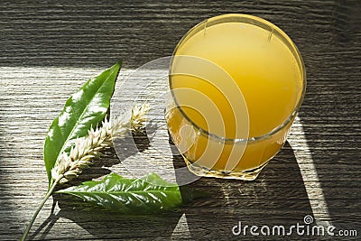 A spikelet of ripe wheat with green leaves and a glass of freshly squeezed orange juice in a glass glass on a wooden Stock Photo