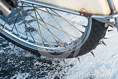 Spikes of an ice speedway motorbike Stock Photo