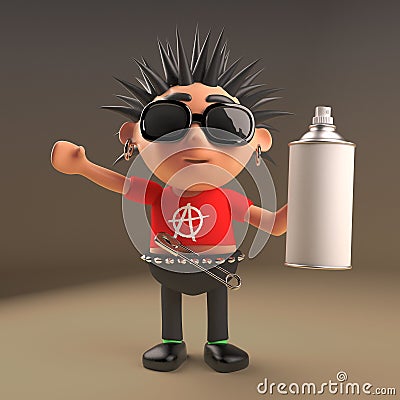 Spiky haired cartoon 3d punk rocker teenager character holding an aerosol spray can, 3d illustration Cartoon Illustration