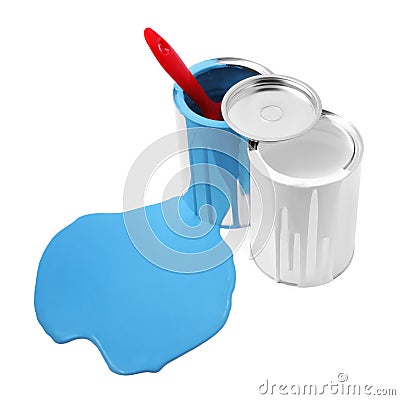 Spilled light blue paint, brush and cans on white background Stock Photo