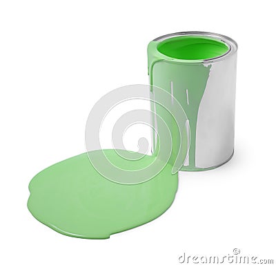 Spilled light green paint and can on white background Stock Photo