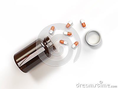 Spilled pills around an open bottle on a white background. Stock Photo