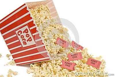 Spilled Popcorn and Movie Tickets Stock Photo