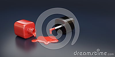 Spilled red nail polish bottle on dark background. 3d illustration Cartoon Illustration