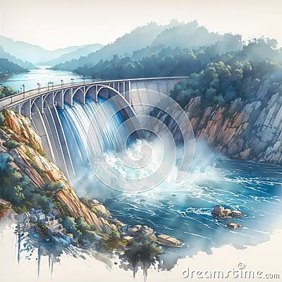 Overflowing Power: Hydroelectric Plant in Full Force, generative ai Stock Photo