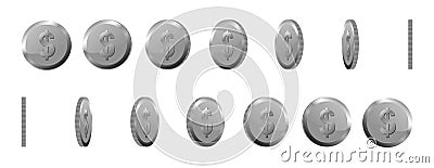 Spin silver coin on transparent background, set of rotation icons at different angles for animation. 3d silver coin. Vector Vector Illustration