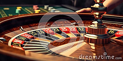 Spin to Win, The Casino Roulette Wheel Takes a Whirl with High Stakes, Generative AI Stock Photo