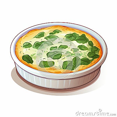 Spinach Quiche Illustration: Smooth And Shiny Plate With Glazed Earthenware Cartoon Illustration