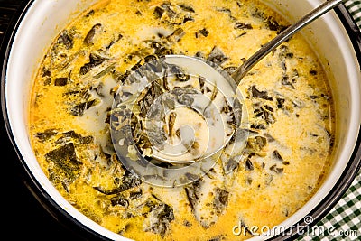 Spinach soup with sour cream and lemon Stock Photo