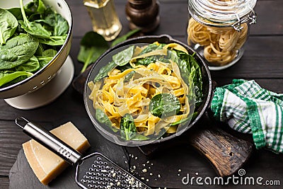 Spinach tagliatelle pasta Stock Photo