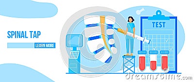 Spinal tap, biopsy of patient concept vector. Oncologist taking cerebrospinal liquid in spine. Lumbar puncture process. Tiny Stock Photo