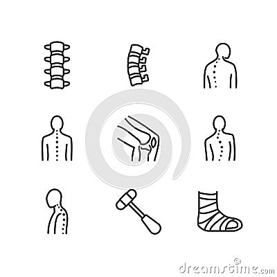 Spine, backbone line icons. Orthopedics clinic, medical rehab, back trauma, broken bone, posture correction, scoliosis Vector Illustration