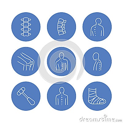 Spine, backbone line icons. Orthopedics clinic, medical rehab, back trauma, broken bone, posture correction scoliosis Vector Illustration