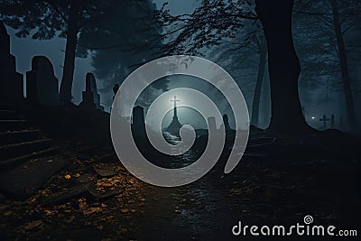 a spine chilling haunted cemetery graveyard in a misty foggy night forest woods. glowing mysterious ghostly tombstone. Stock Photo