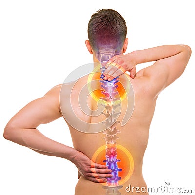 SPINE Pain - Male Hurt Backbone isolated on white - REAL Anatomy Stock Photo