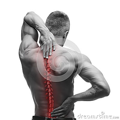 Spine pain, man with backache and ache in the neck, black and white photo with red backbone Stock Photo