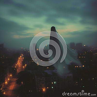 Spine tingling sight ghostly sheet drifts amidst city lights at dusk Stock Photo