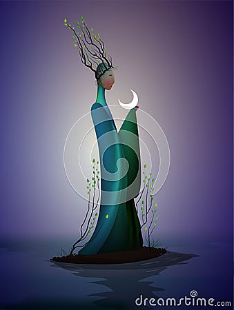 Sping fairy, spring fantasy icon fantastic spring, silhouette of woman withtree branches on the head and holding the Vector Illustration