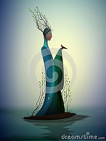Sping fairy, spring fantasy icon fantastic spring, silhouette of woman withtree branches on the head and holding the Vector Illustration