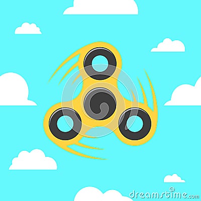 Spinner in a flat style. The yellow spinner turns against the blue sky. Flat, white clouds. A modern antistress toy for recreation Cartoon Illustration