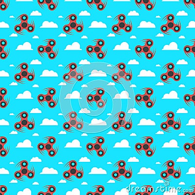 Spinner. A pattern of red spinners in a flat style. Spinners are spinning against the sky. Flat, white clouds. A modern antistress Cartoon Illustration