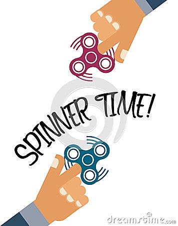 Spinner time! background with flat hands holding fidget spinner Vector Illustration