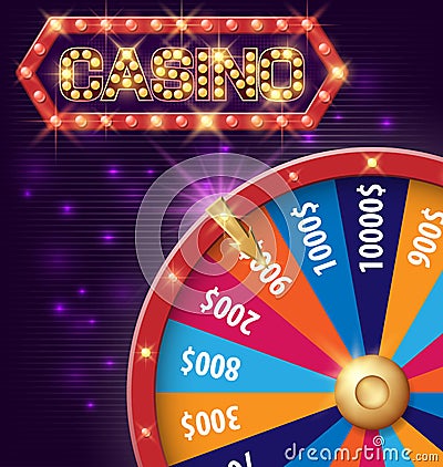 Spinning fortune wheel, Internet casino banner with glowing lamps for online casino, poker, roulette, slot machines Vector Illustration