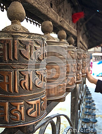 Spinning prayer wheels,nepal Stock Photo