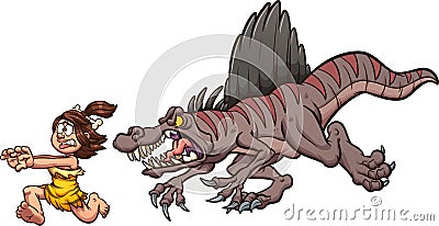 Angry cartoon spinosaurus dinosaur chasing a cave woman Vector Illustration
