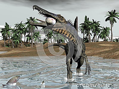 Spinosaurus dinosaur eating fish - 3D render Stock Photo