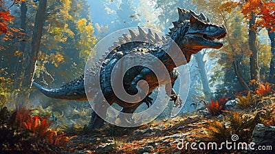 Spinosaurus Dinosaur in a whimsical and colorful style. In natural habitat. Jurassic Park. Stock Photo