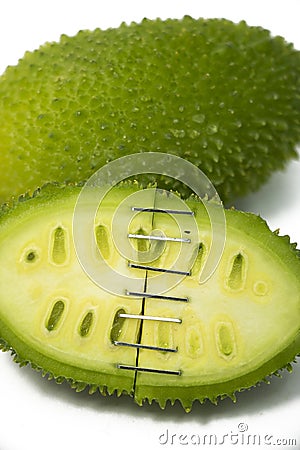 spiny gourd kakrol connected by pins on white background Stock Photo