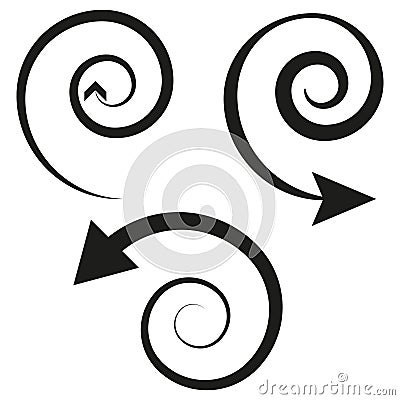 Spiral arrow icons. Swirl vector design. Black circular shapes. Dynamic direction symbols. Vector Illustration