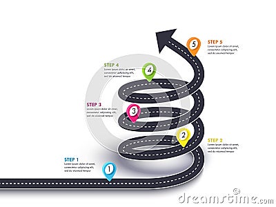 Spiral Arrow Road to Success. Road trip and Journey route with pin pointer and place for your data. Vector Illustration