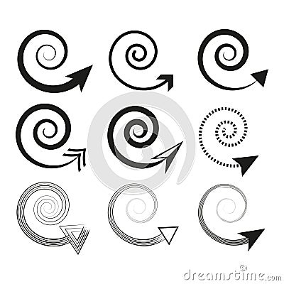 Spiral arrows set. Curved directional pointers. Abstract black symbols. Modern vector design. Vector Illustration