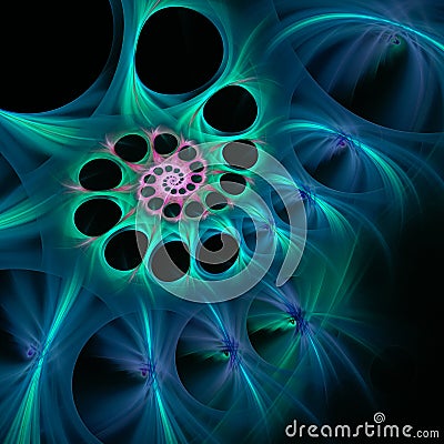 A spiral of blue and green with a pink center. 3D rendering. Abstract fractal background Stock Photo