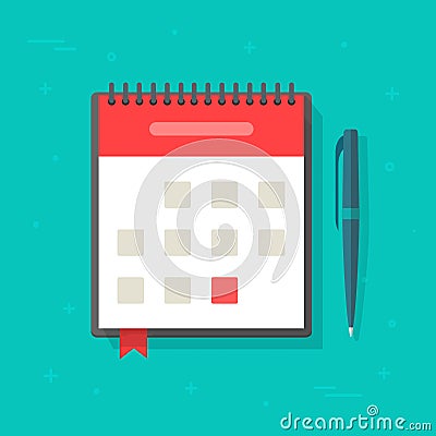 Spiral calendar agenda with pen top view vector flat cartoon illustration isolated image Vector Illustration