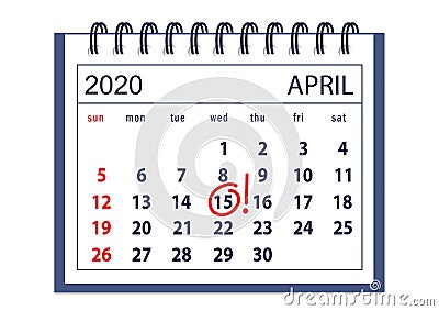 Spiral calendar page April 2020 with red marking 15th Vector Illustration