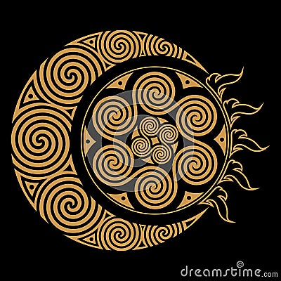 Spiral Celtic Moon and Celtc Sun Cartoon Illustration