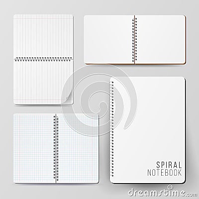 Spiral Empty Notepad Blank Mockup Set. Vector Illustration