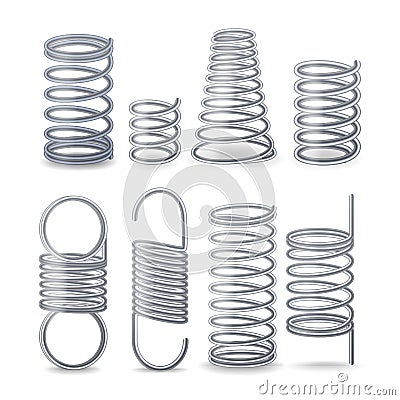 Spiral Flexible Wire. Springs Of Compression, Tension And Torsion. Set Resilient Metal Wire Parts. Different Types Flexible Spiral Vector Illustration