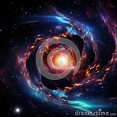 A spiral galaxy with a bright orange center and dark outer ring, AI Stock Photo
