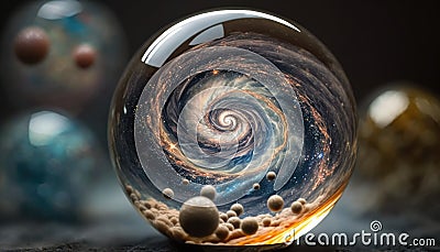 Spiral galaxy cosmos inside glass marbles. Glowing tiny universe. Astronomy and space. Stock Photo